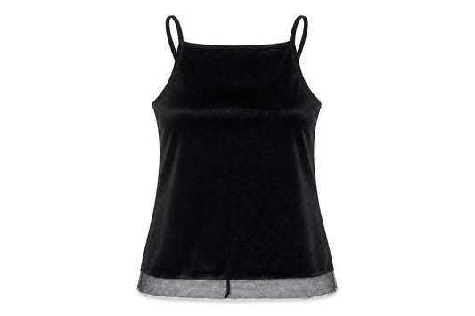 Front view of ASOS Women’s Black Velvet Camisole Tank Top, size UK 6, Adjustable Straps