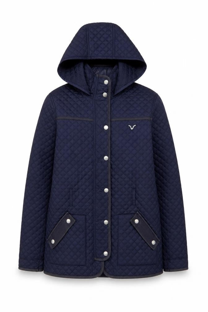 Front view of Voi Jeans Co. Women's Blue Quilted Hooded Jacket, size 12