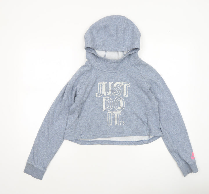 Nike Girls Grey Pullover Hoodie XL 14-15 Years Just Do It Graphic Hooded Top