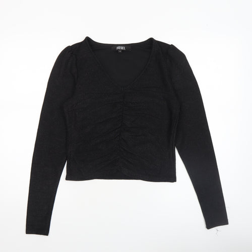 Diesel Women's Black V-Neck Cropped Long Sleeve Top Size M