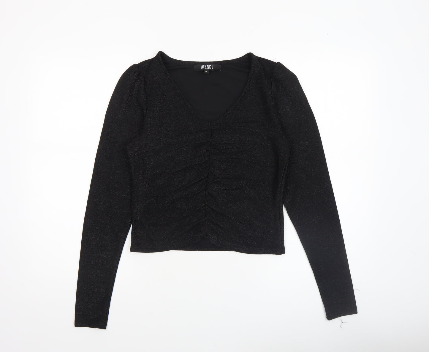Diesel Women's Black V-Neck Cropped Long Sleeve Top Size M