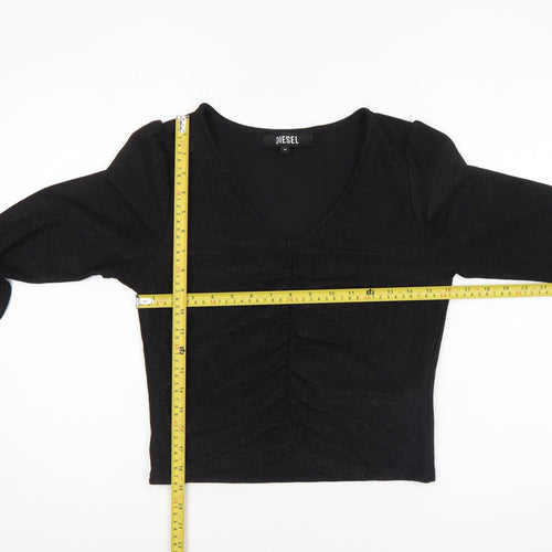 Diesel Women's Black V-Neck Cropped Long Sleeve Top Size M