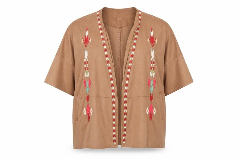 Front view of Amisu Women’s Brown Embroidered Open Kimono Jacket, size UK 12