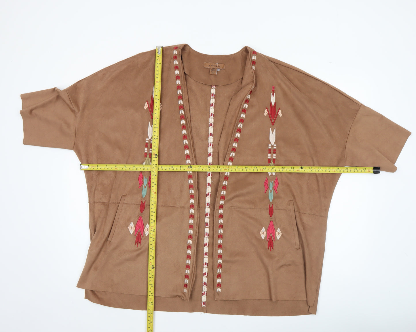 Amisu Women’s Brown Embroidered Open Kimono Jacket Size 12