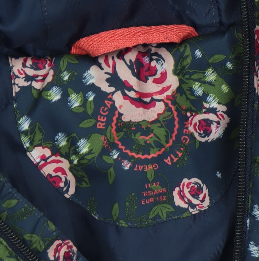 Regatta Girls Blue Floral Hooded Puffer Jacket 11-12 Years Water Resistant