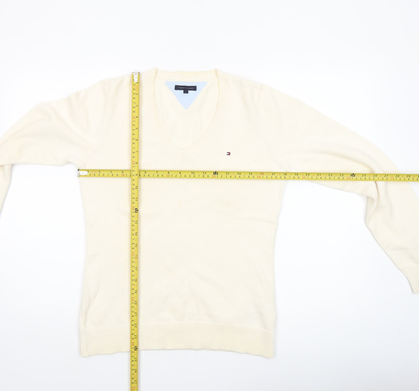 Tommy Hilfiger Women Ivory V-Neck Cotton Jumper L