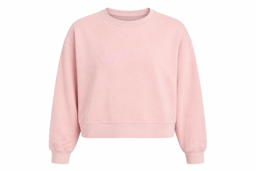 Front view of Nike women’s pink dri-fit crew neck pullover sweatshirt xs