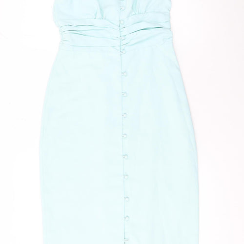 In The Style Women's Blue Size 8 Bodycon Midi Dress with Button Detail