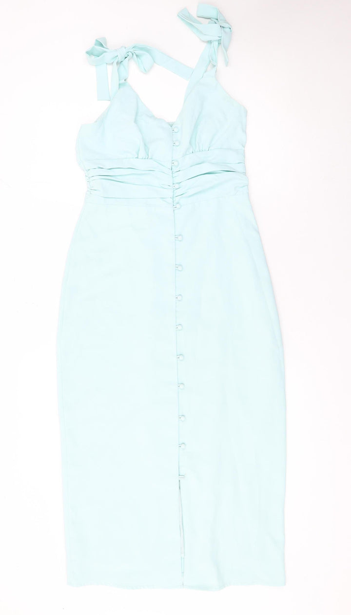 In The Style Women's Blue Size 8 Bodycon Midi Dress with Button Detail
