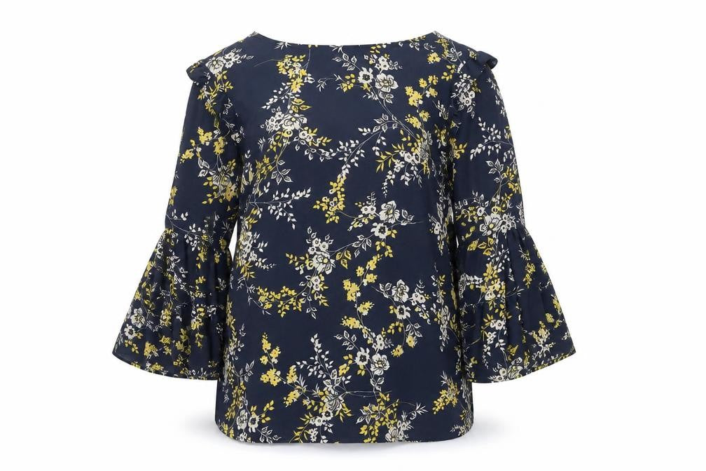 Front view of Dunnes Women's Blue Floral Ruffle Sleeve Tunic Blouse, size 10
