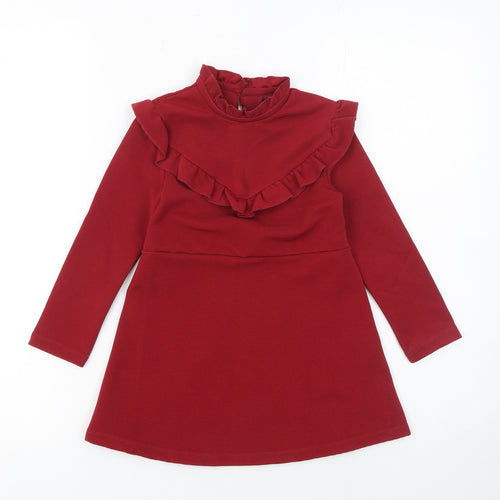 Next Girls Red A-Line Ruffle Long Sleeve Knit Dress 3 Years