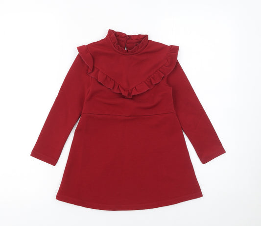 Next Girls Red A-Line Ruffle Long Sleeve Knit Dress 3 Years