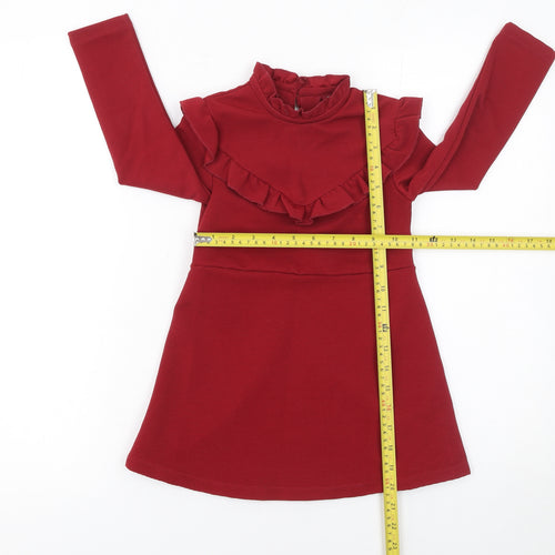 Next Girls Red A-Line Ruffle Long Sleeve Knit Dress 3 Years