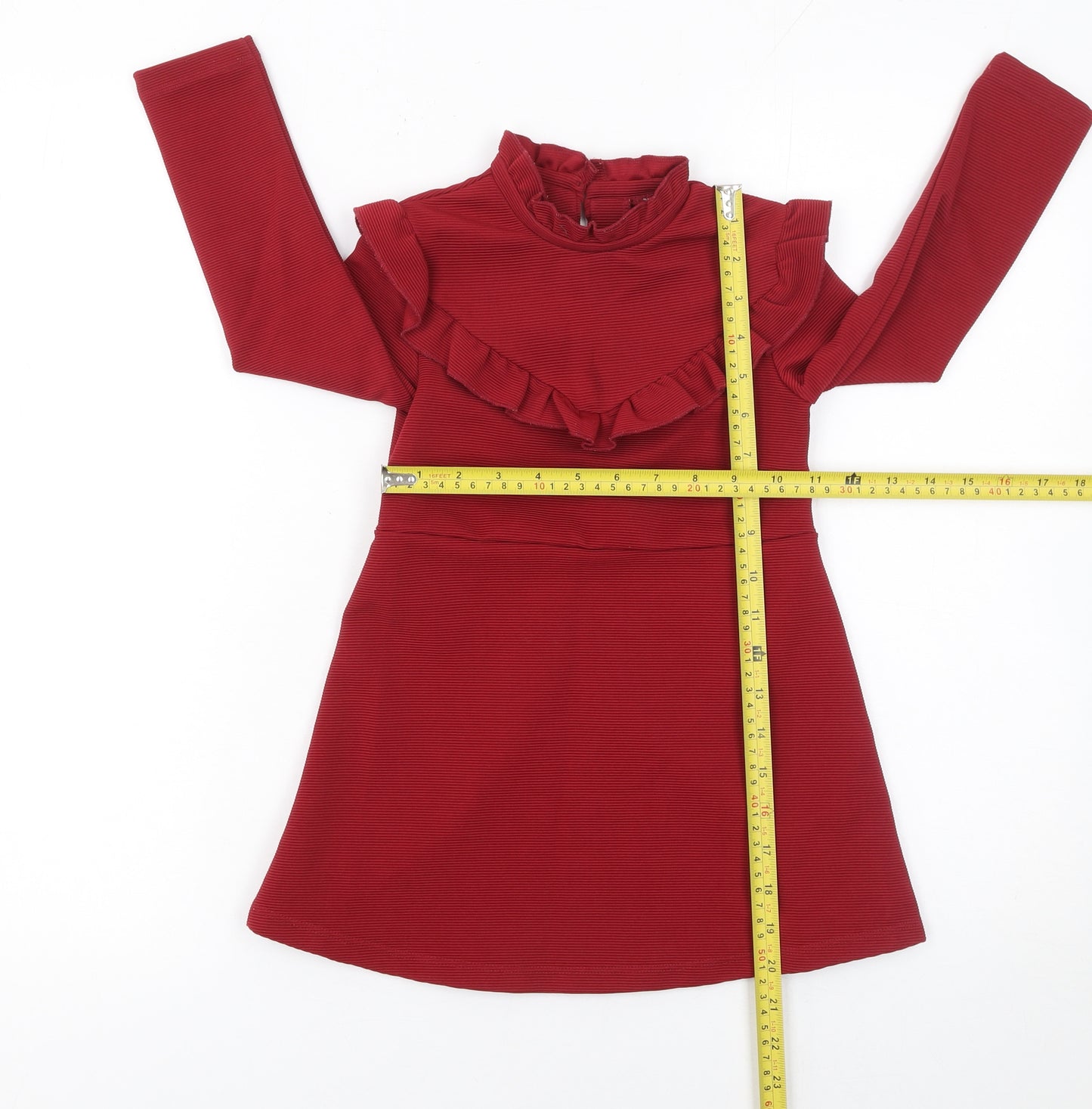 Next Girls Red A-Line Ruffle Long Sleeve Knit Dress 3 Years