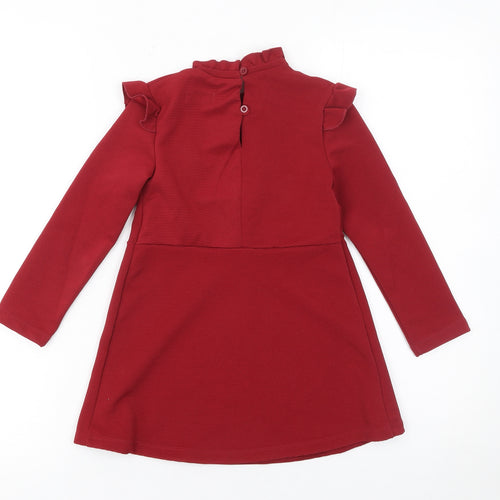 Next Girls Red A-Line Ruffle Long Sleeve Knit Dress 3 Years