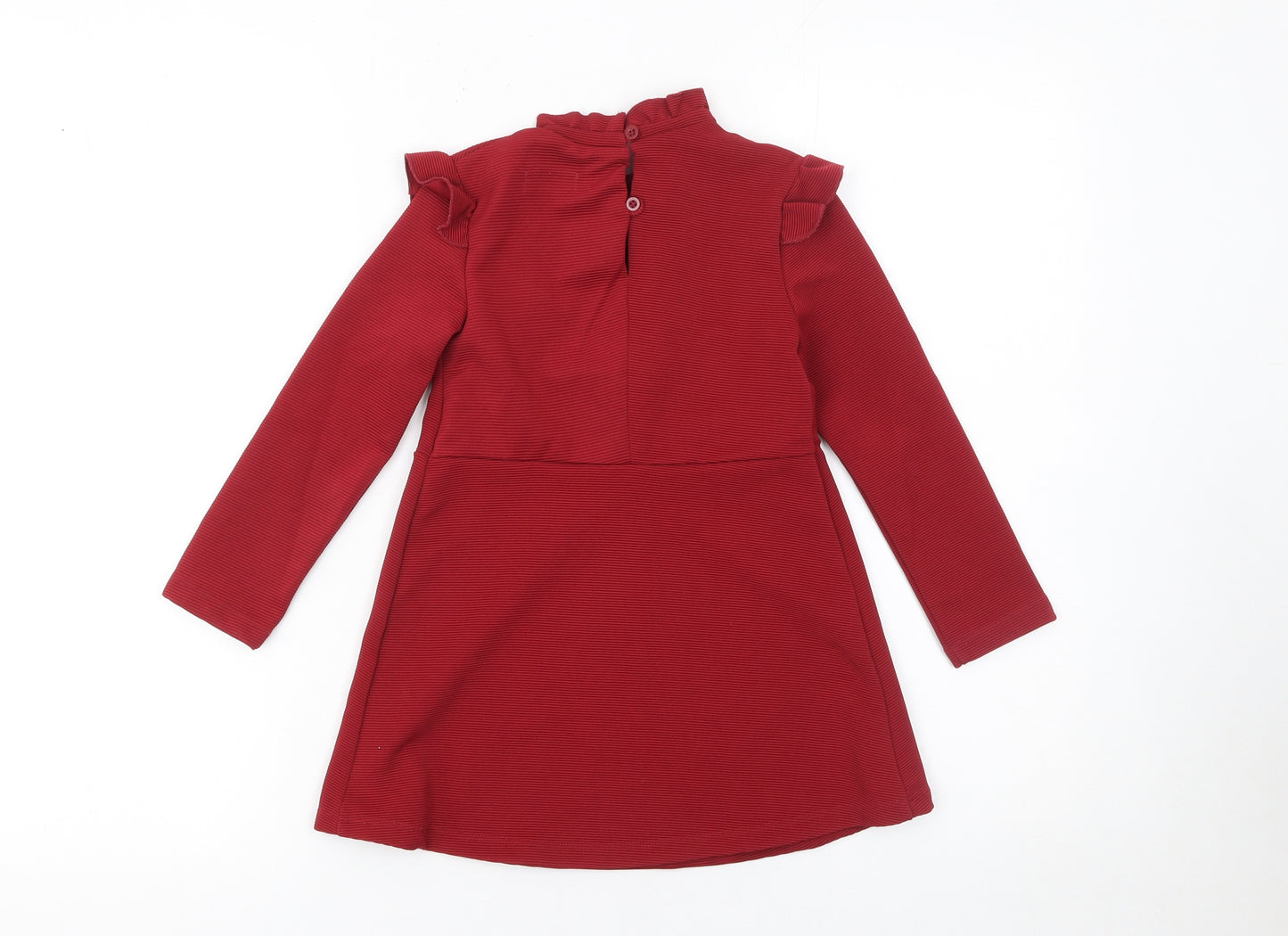 Next Girls Red A-Line Ruffle Long Sleeve Knit Dress 3 Years