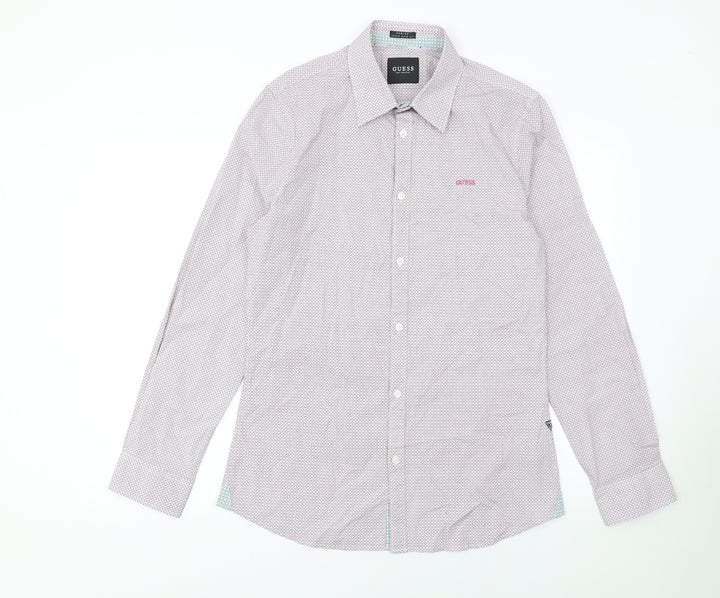 Guess Mens White Slim Fit Geometric Long Sleeve Button Up Shirt Size L