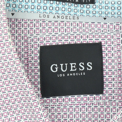 Guess Mens White Slim Fit Geometric Long Sleeve Button Up Shirt Size L