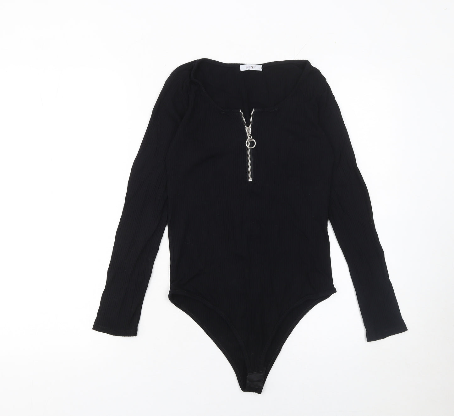 Hailys Women's Black XL Ribbed Zip Front Long Sleeve Bodysuit