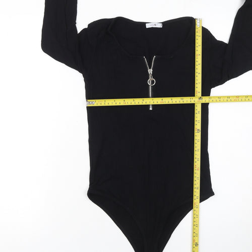 Hailys Women's Black XL Ribbed Zip Front Long Sleeve Bodysuit