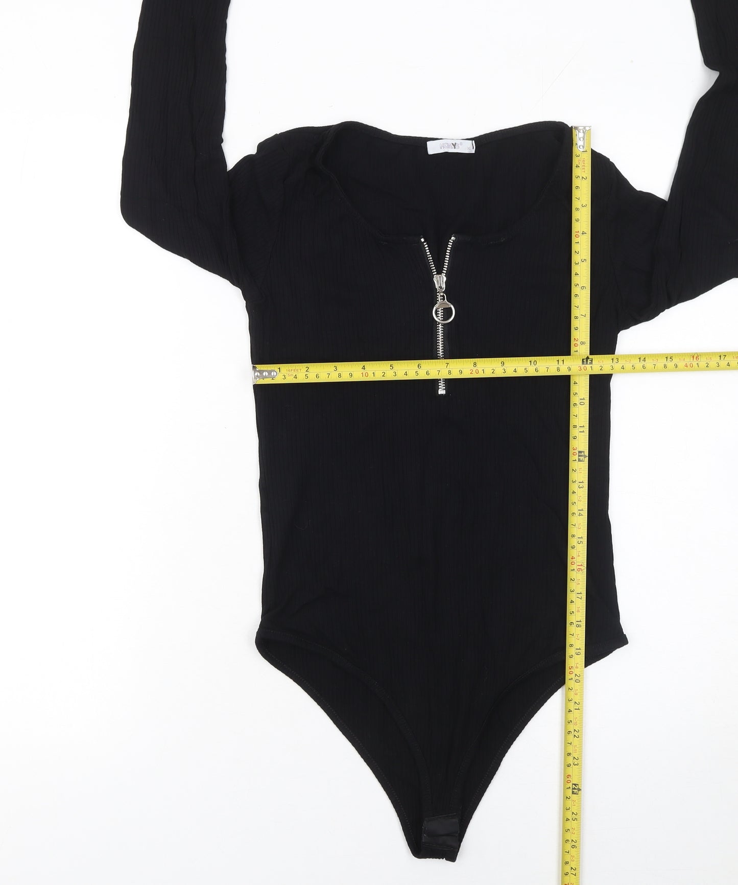 Hailys Women's Black XL Ribbed Zip Front Long Sleeve Bodysuit