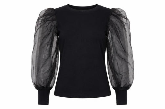 Front view of Quiz women’s black puff sleeve crew neck t-shirt, size S