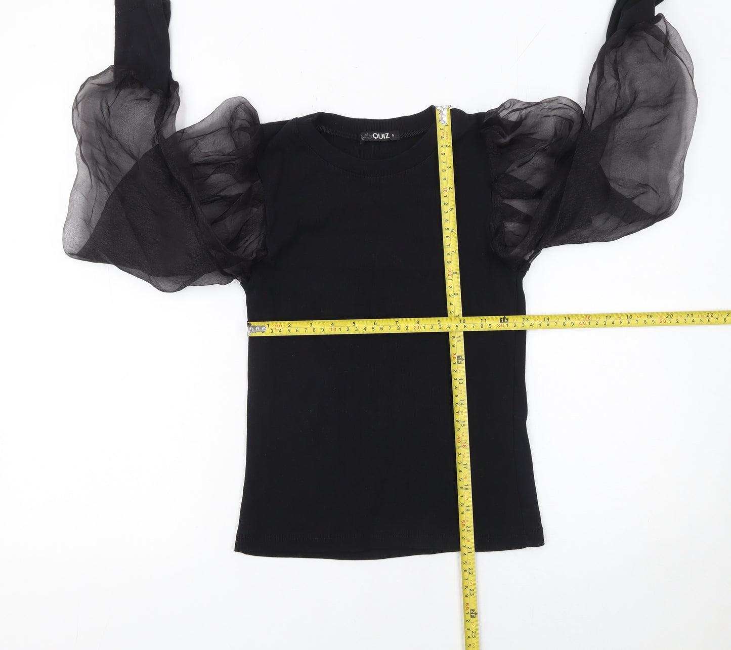 Quiz Womens Black Puff Sleeve Crew Neck T-Shirt Size S