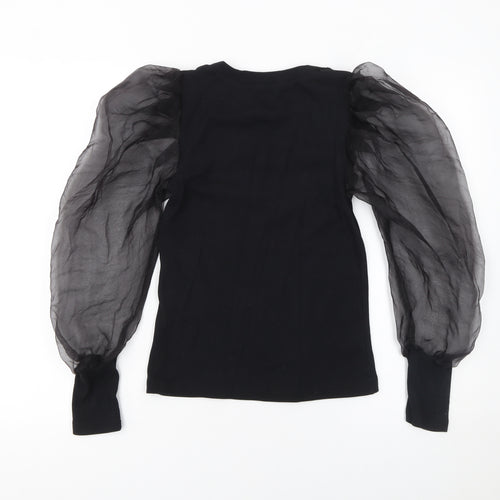 Quiz Womens Black Puff Sleeve Crew Neck T-Shirt Size S