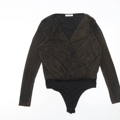 Pieces Womens Black Gold Long Sleeve Wrap Bodysuit Size M