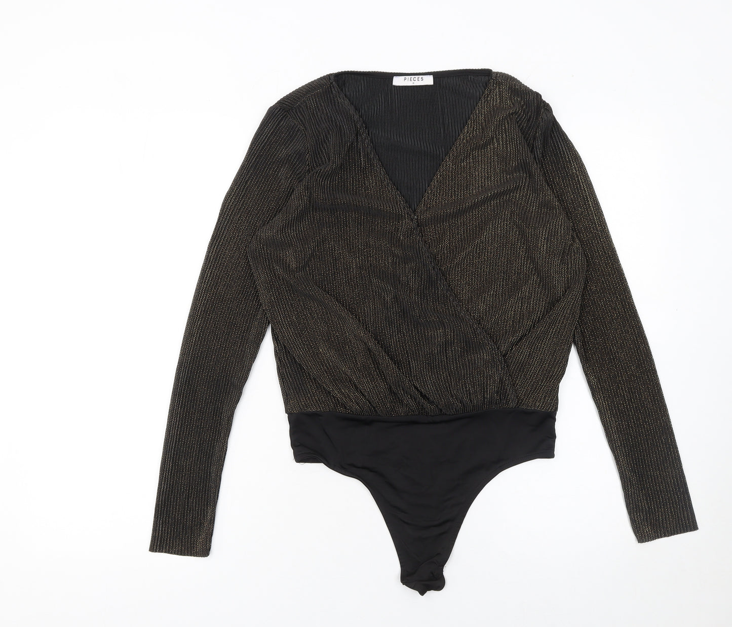 Pieces Womens Black Gold Long Sleeve Wrap Bodysuit Size M