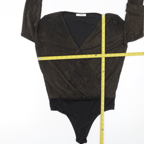 Pieces Womens Black Gold Long Sleeve Wrap Bodysuit Size M