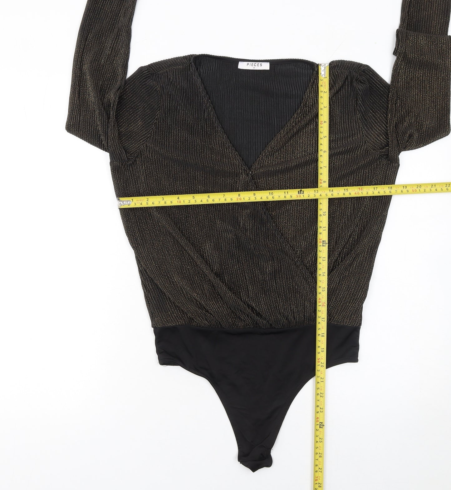 Pieces Womens Black Gold Long Sleeve Wrap Bodysuit Size M