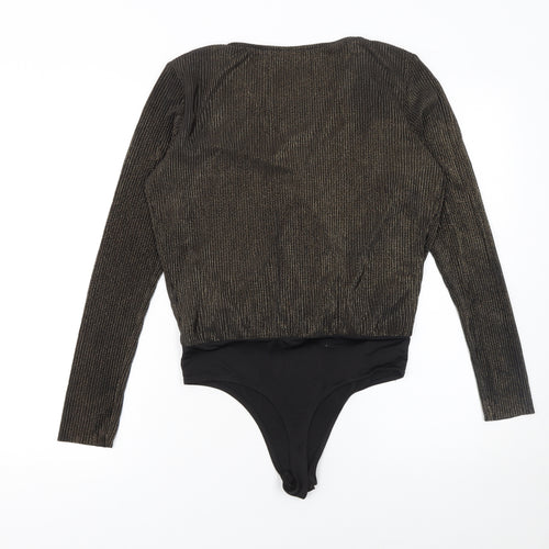 Pieces Womens Black Gold Long Sleeve Wrap Bodysuit Size M