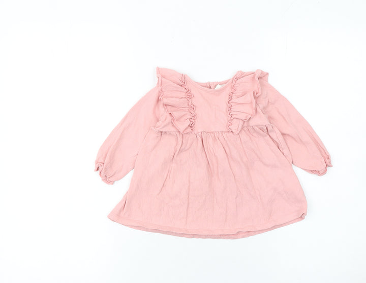 H&M Girls Pink Ruffle A-Line Long Sleeve Dress 9-12 Months