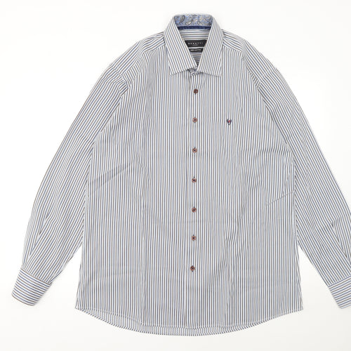 Benetti Luxury Men's Blue Striped Cotton Long Sleeve Button-Up Shirt L