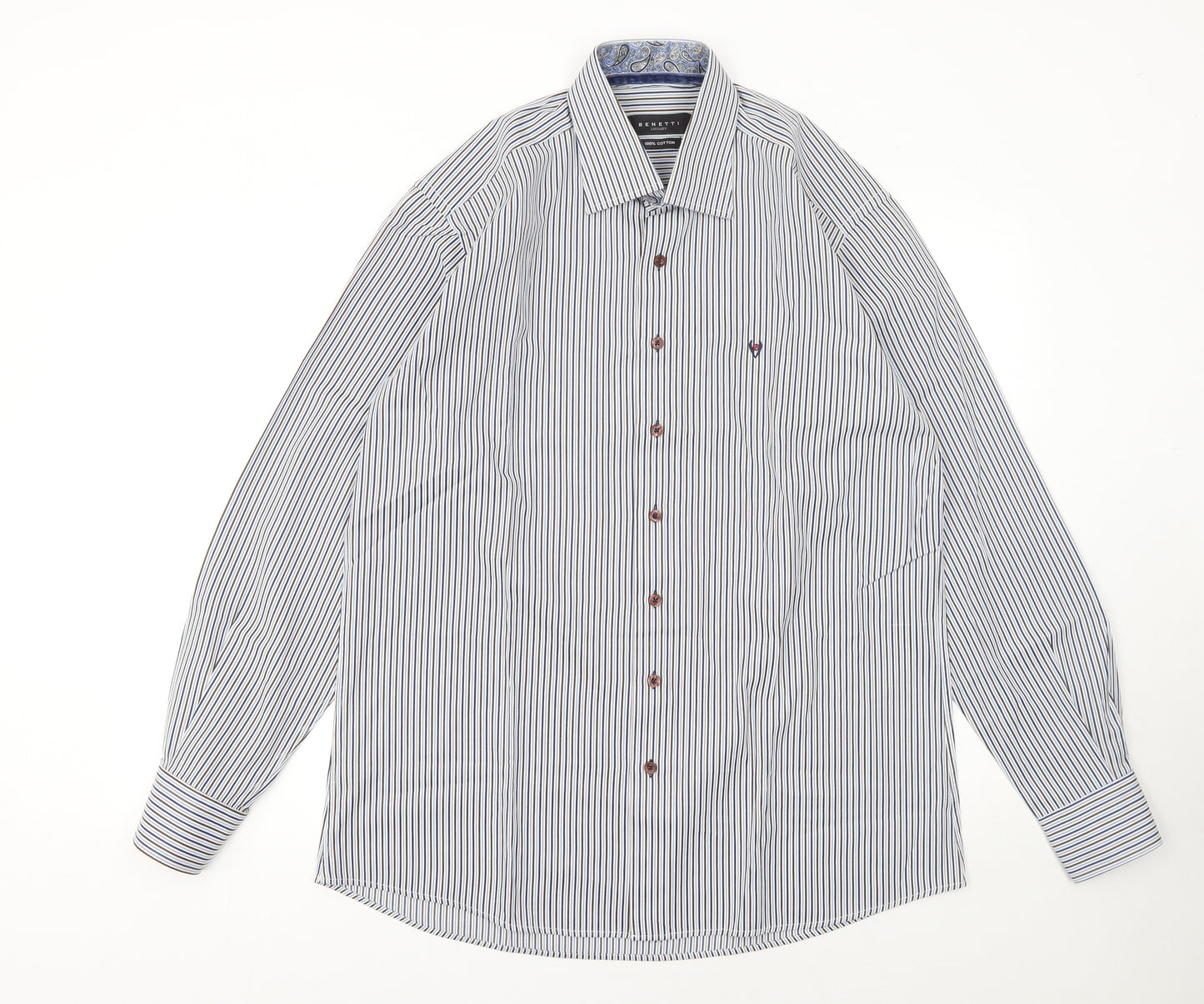 Benetti Luxury Men's Blue Striped Cotton Long Sleeve Button-Up Shirt L