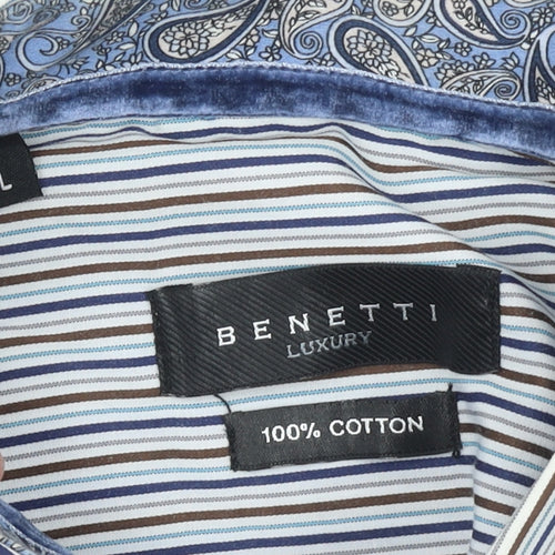 Benetti Luxury Men's Blue Striped Cotton Long Sleeve Button-Up Shirt L