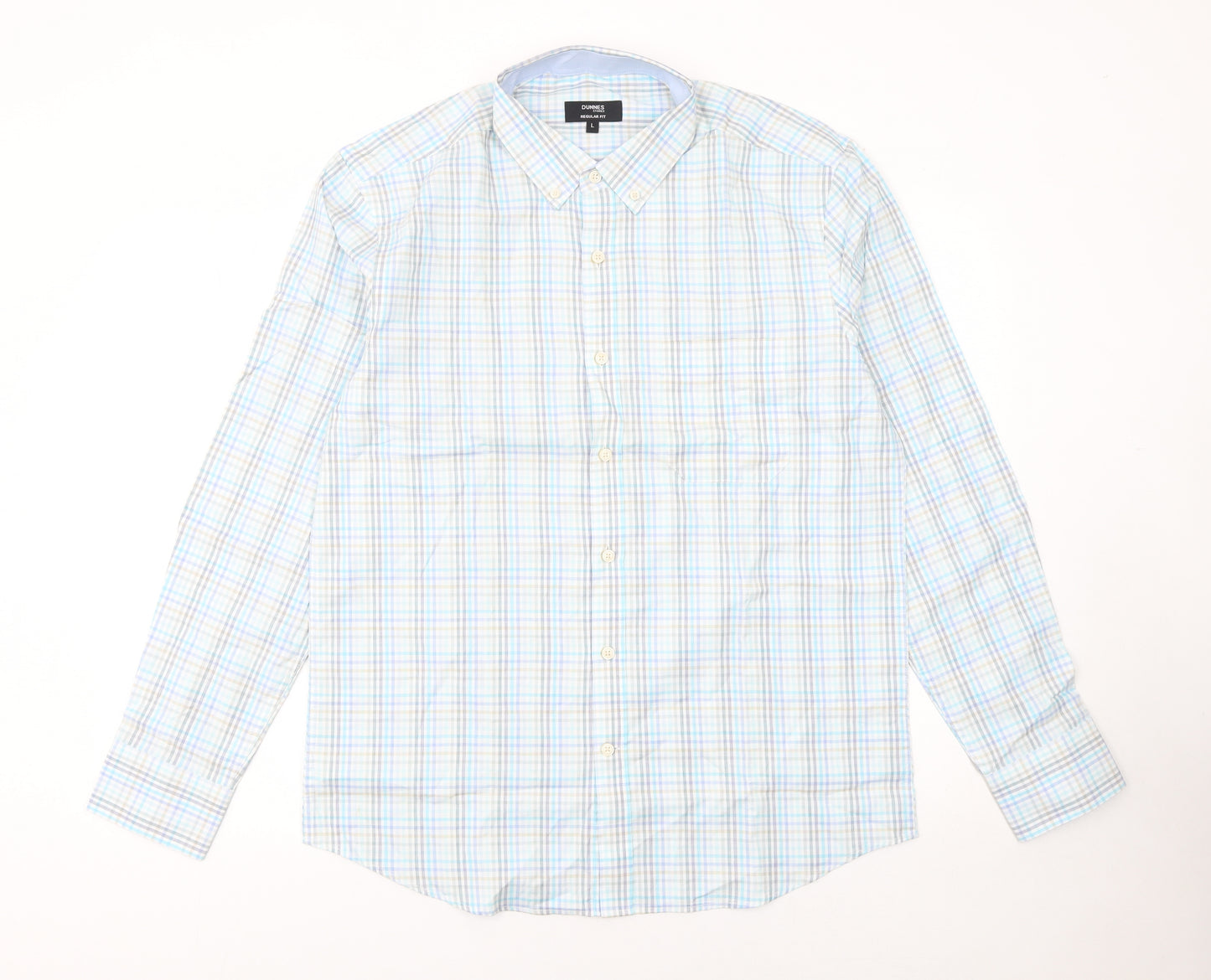 Dunnes Stores Men's Blue Check Cotton Long Sleeve Button-Up Shirt Size L