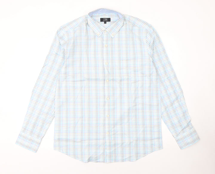 Dunnes Stores Men's Blue Check Cotton Long Sleeve Button-Up Shirt Size L