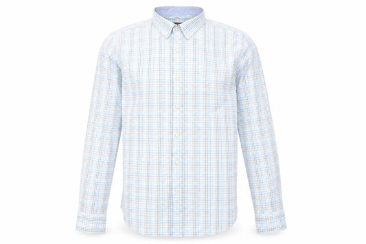 Front view of Dunnes Men's Blue Check Cotton Long Sleeve Button-Up Shirt, size L