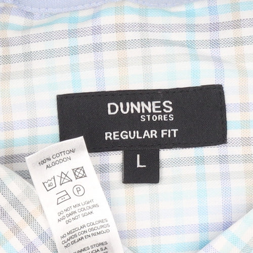 Dunnes Stores Men's Blue Check Cotton Long Sleeve Button-Up Shirt Size L
