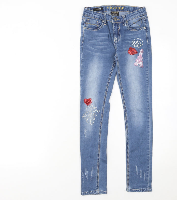Vigoss Teens Blue Skinny Jeans Size 10 Sequin Embroidered Denim