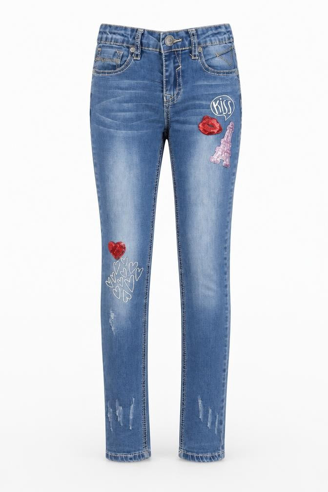 Front view of Vigoss Teens Blue Skinny Jeans, size 10, Sequin Embroidered Denim