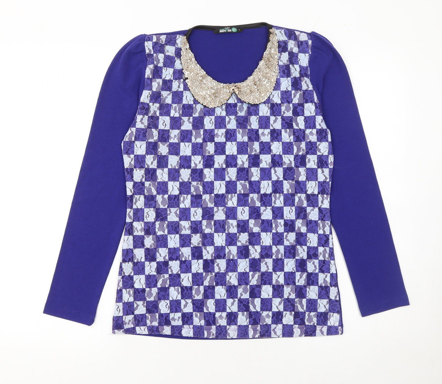 Benter Women's Blue Check Sequin Collar Long Sleeve Blouse Size L