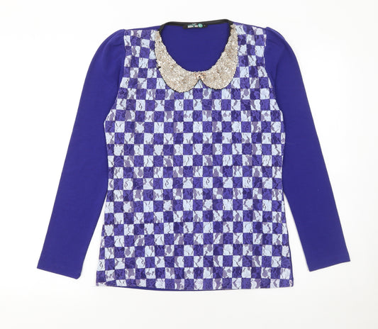 Benter Women's Blue Check Sequin Collar Long Sleeve Blouse Size L