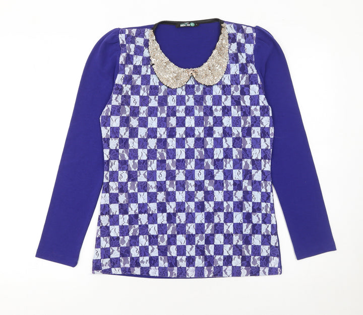 Benter Women's Blue Check Sequin Collar Long Sleeve Blouse Size L