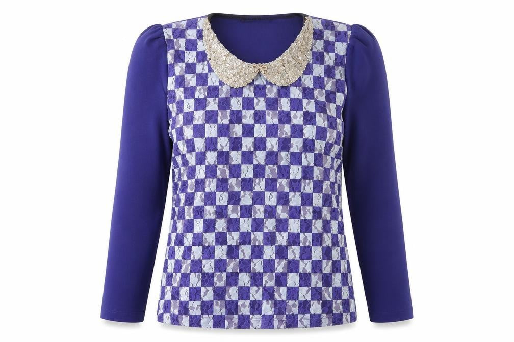 Front view of Benter Women's Blue Check Sequin Collar Long Sleeve Blouse, size L