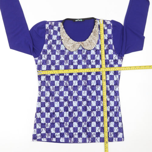 Benter Women's Blue Check Sequin Collar Long Sleeve Blouse Size L