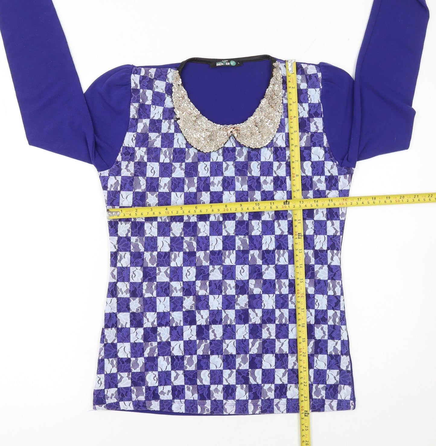 Benter Women's Blue Check Sequin Collar Long Sleeve Blouse Size L