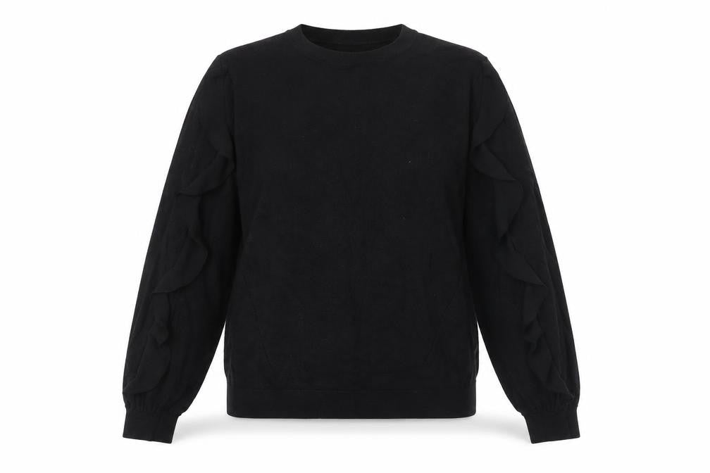 Front view of Warehouse women’s black uk 10 ruffle sleeve viscose blend jumper